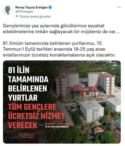 18-25 yaş arasına ücretsiz olacak! Başkan Erdoğan '81 ilimizin tamamında geçerli olacak.'